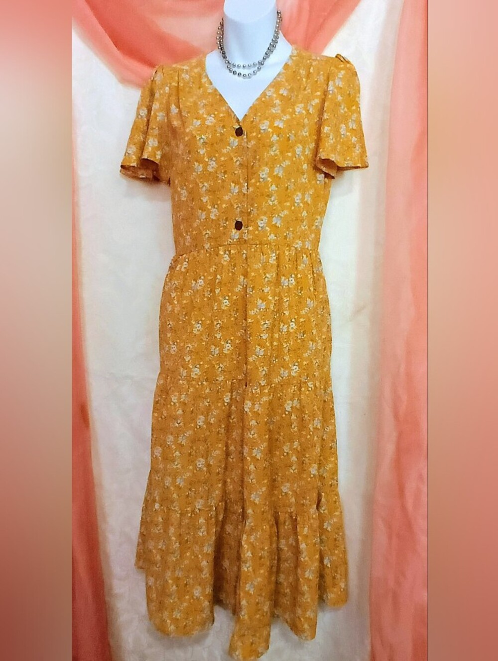 Monteau Mustard Yellow Floral Dress with Blue Accents